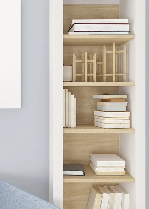 Tall bookshelf in bedroom