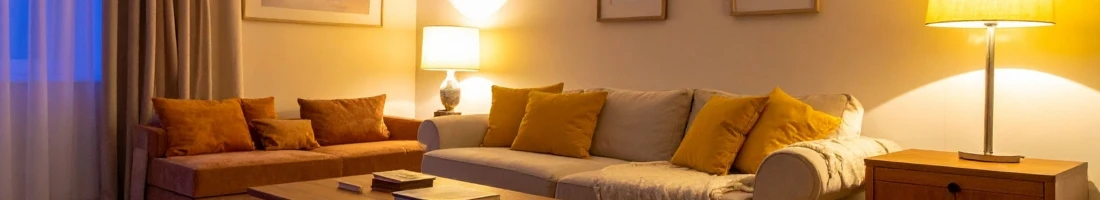 A living room with lighting and accessories