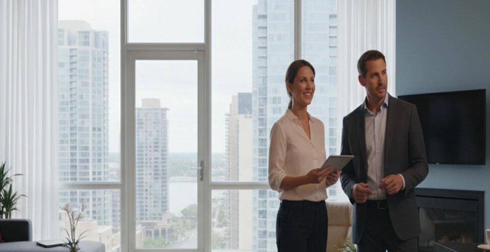 A realtor woman showing a potential buyer around the apartment
