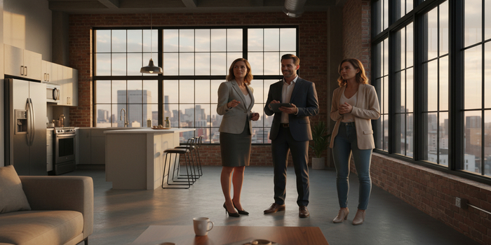 a realtor showing the apartment inside to buyers