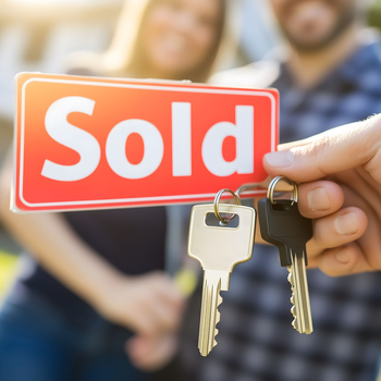 Realtor is holding a sold sign and keys with a young couple celebrating in the background