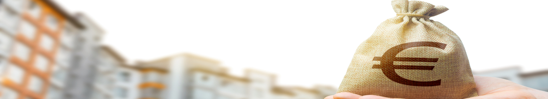Euro bag against the background of modern high-rise buildings. Investing in the purchase of real estate. Affordable housing and mortgage rates. Renting apartments and houses. Blurred background