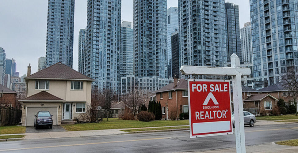 for sale sign in front of residential areas and condominiums at the background